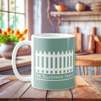 Minimalist White Picket Fence on Green Family Coffee Mug