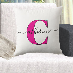 Minimalist White Pink Monogram Name Stylish Script Cushion