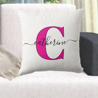Minimalist White Pink Monogram Name Stylish Script Cushion