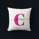 Minimalist White Pink Monogram Name Stylish Script Cushion<br><div class="desc">This minimalist monogram throw pillow will brighten up the decor of any room. The stylish black script of the first name and the elegant, bold pink, capital letter initial against the white throw pillow has a clean upscale aesthetic. It will elevate the look of a room on a sofa, chaise,...</div>