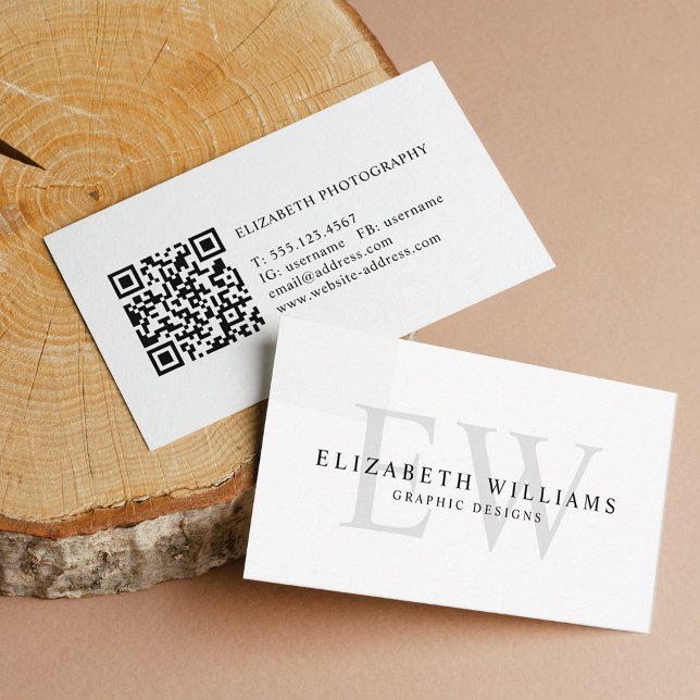 Minimalist White Professional 2 Monogram QR Code Business Card (Creator Uploaded)
