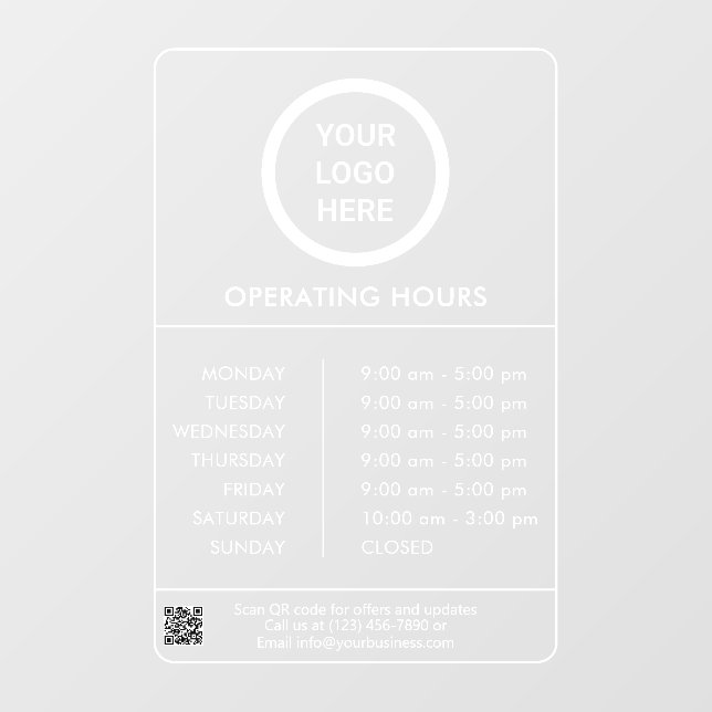 Minimalist White Professional Logo Operating Hours Window Cling (Sheet)