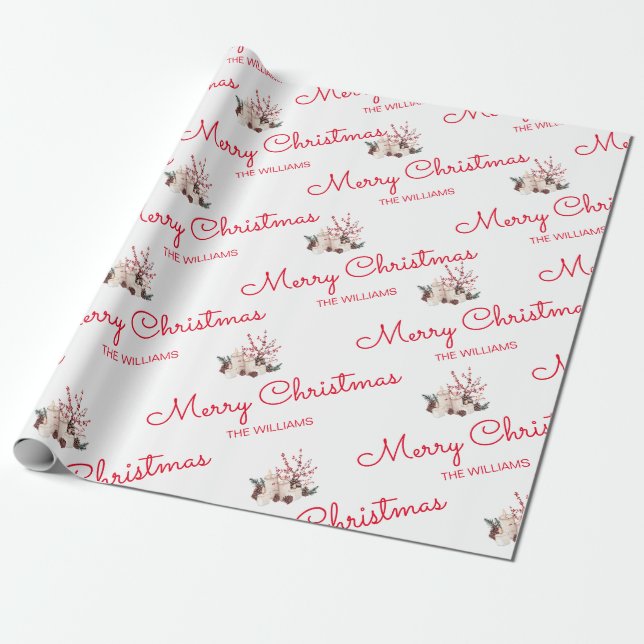 Minimalist White Red Merry Christmas Family Name W Wrapping Paper (Unrolled)