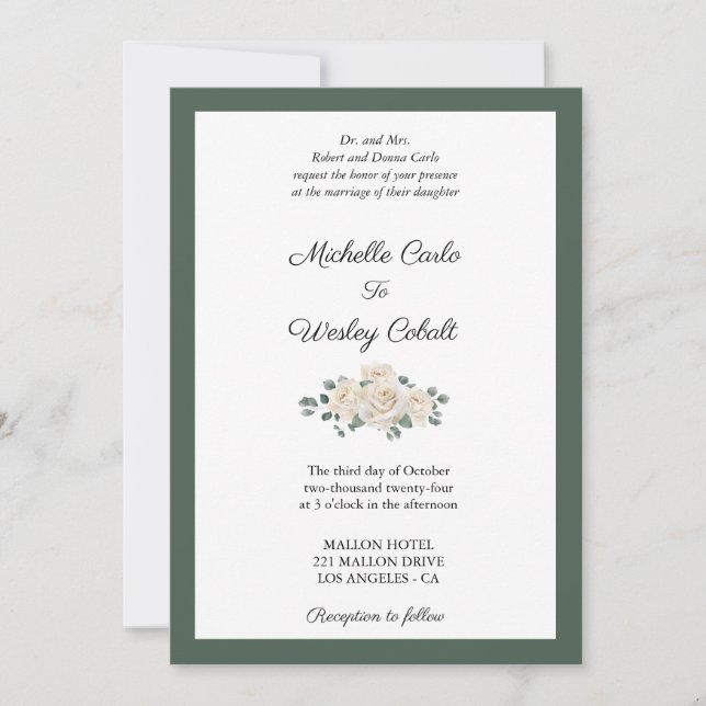 Minimalist White Rose and Green Border Wedding Invitation (Front)