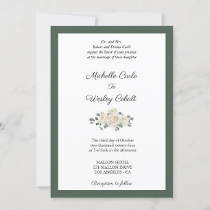 Minimalist White Rose and Green Border Wedding Invitation