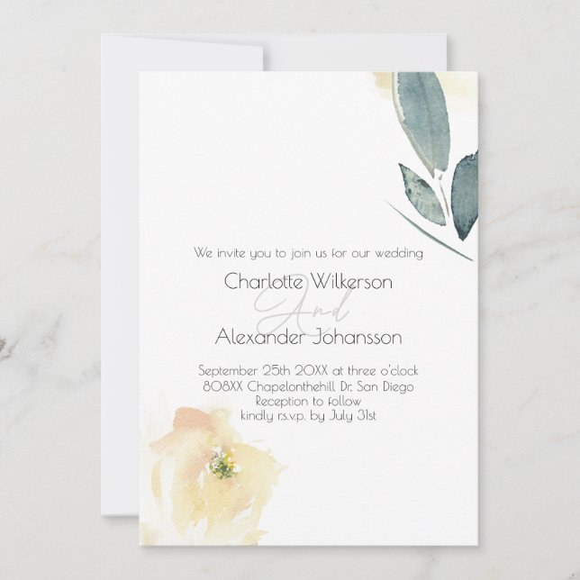 Minimalist White Rose Floral Watercolor Invitation (Front)