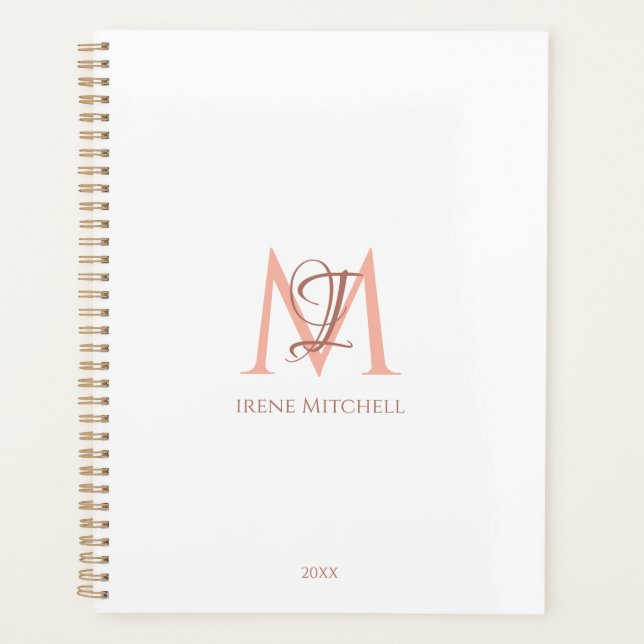 Minimalist White Rose Gold Monogram Name Modern Planner (Front)
