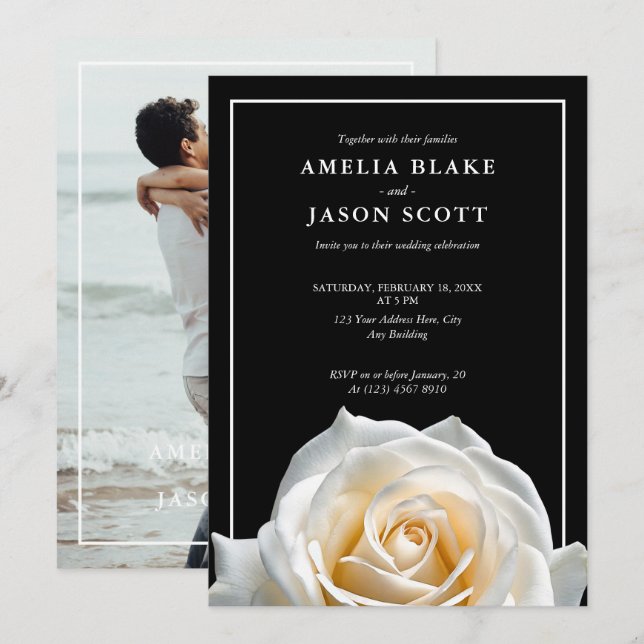 Minimalist White Rose on Black Wedding Invitation (Front/Back)