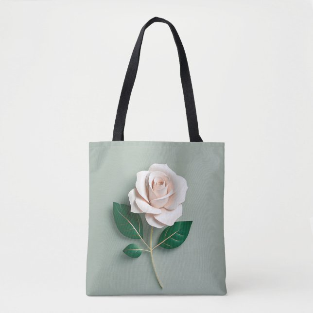 Minimalist White Rose On Green Tote Bag (Front)