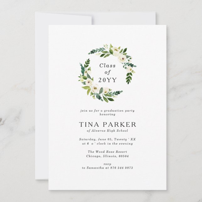 Minimalist White Roses Greenery Photo Graduation Invitation (Front)