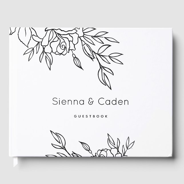 Minimalist White Roses Line Art Wedding Guest Book (Front)