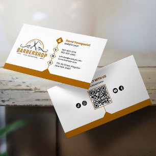 Minimalist White & Rusty Brown Barber Shop QR Code Business Card