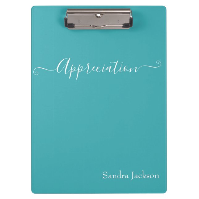 Minimalist White Script Appreciation Teal Blue  Clipboard (Front)