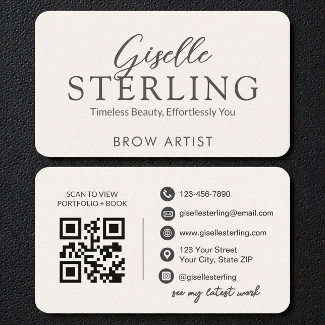 Minimalist White Script Eyebrow Artist QR Code Business Card (Creator Uploaded)