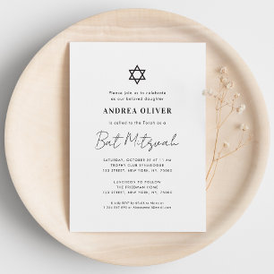 Minimalist White Script Modern Simple Bat Mitzvah Invitation