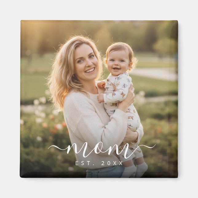 Minimalist White Script Mum Est Year Magnet (Front)