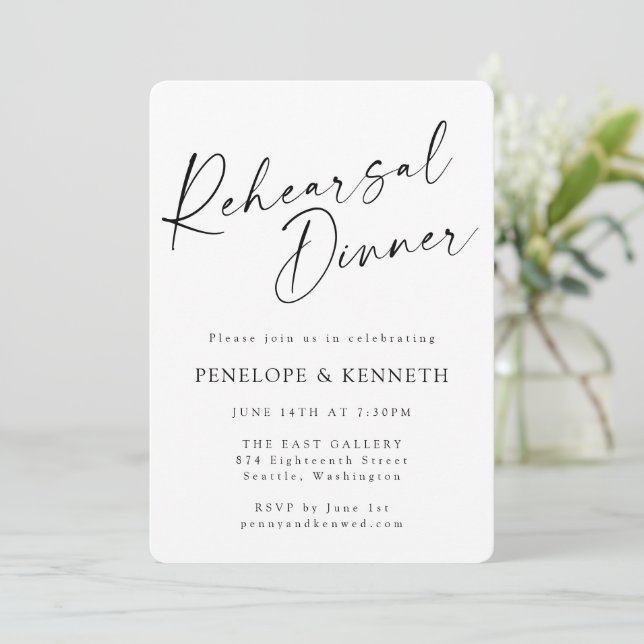 Minimalist White Script Serif Rehearsal Dinner Invitation (Standing Front)