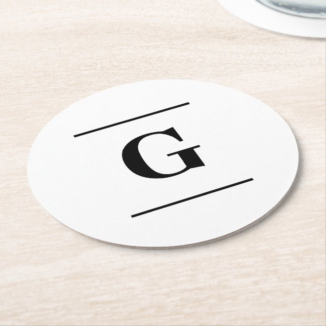 Minimalist white simple monogram round paper coaster (Angled)