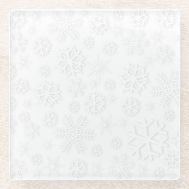 Minimalist White Snowflake Pattern Glass Coaster (Front)