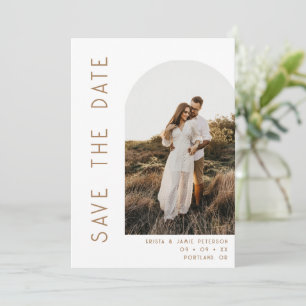 Minimalist White & Tan Arch Photo QR Code Wedding Save The Date