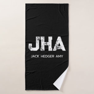 MINIMALIST WHITE THREE LETTER MONOGRAM NAME BLACK BATH TOWEL