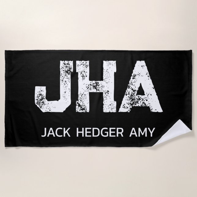 MINIMALIST WHITE THREE LETTER MONOGRAM NAME BLACK BEACH TOWEL (Front)