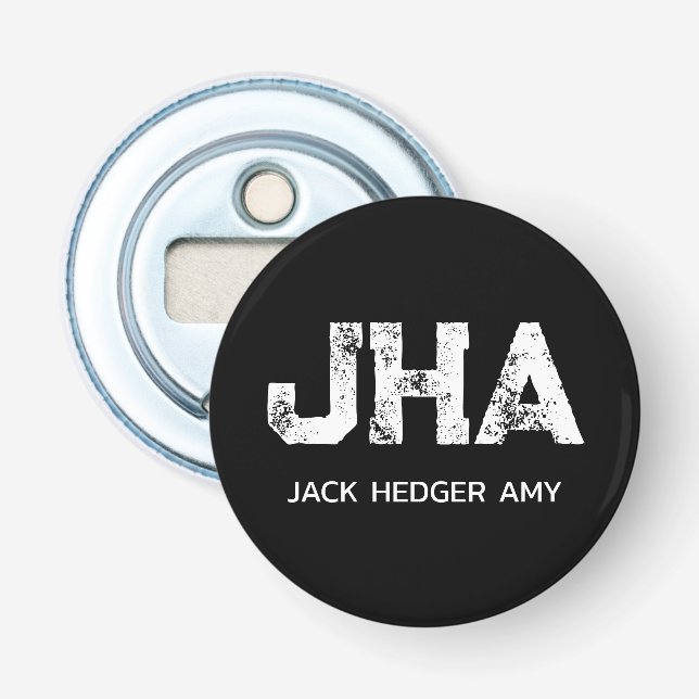 MINIMALIST WHITE THREE LETTER MONOGRAM NAME BLACK  BOTTLE OPENER (Front)