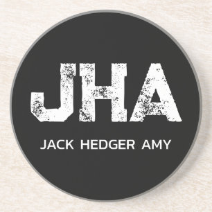 MINIMALIST WHITE THREE LETTER MONOGRAM NAME BLACK COASTER