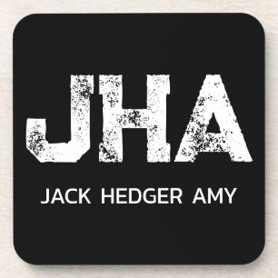 MINIMALIST WHITE THREE LETTER MONOGRAM NAME BLACK COASTER