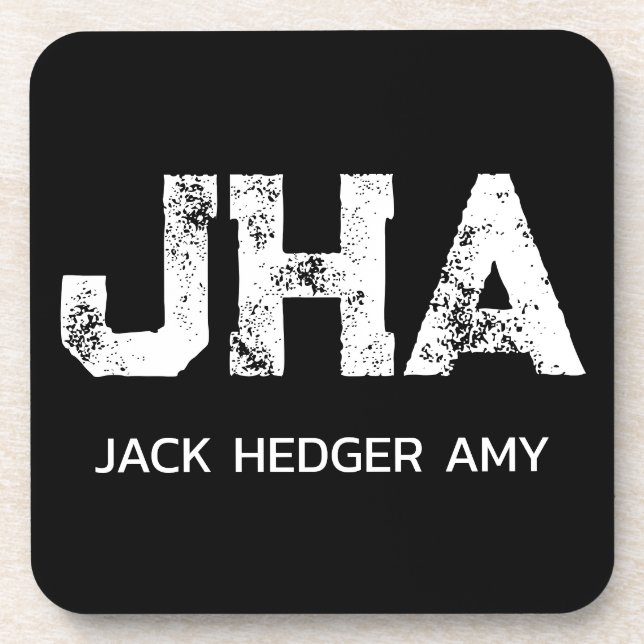 MINIMALIST WHITE THREE LETTER MONOGRAM NAME BLACK COASTER (Front)