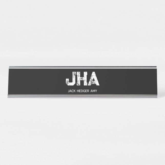 MINIMALIST WHITE THREE LETTER MONOGRAM NAME BLACK  DESK NAME PLATE (Front)