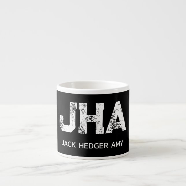 MINIMALIST WHITE THREE LETTER MONOGRAM NAME BLACK ESPRESSO CUP (Front)