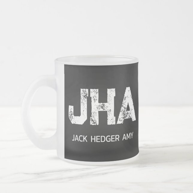 MINIMALIST WHITE THREE LETTER MONOGRAM NAME BLACK FROSTED GLASS COFFEE MUG (Left)