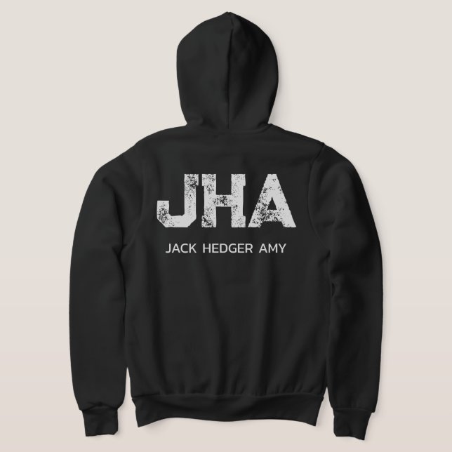 MINIMALIST WHITE THREE LETTER MONOGRAM NAME BLACK HOODIE (Laydown Back)