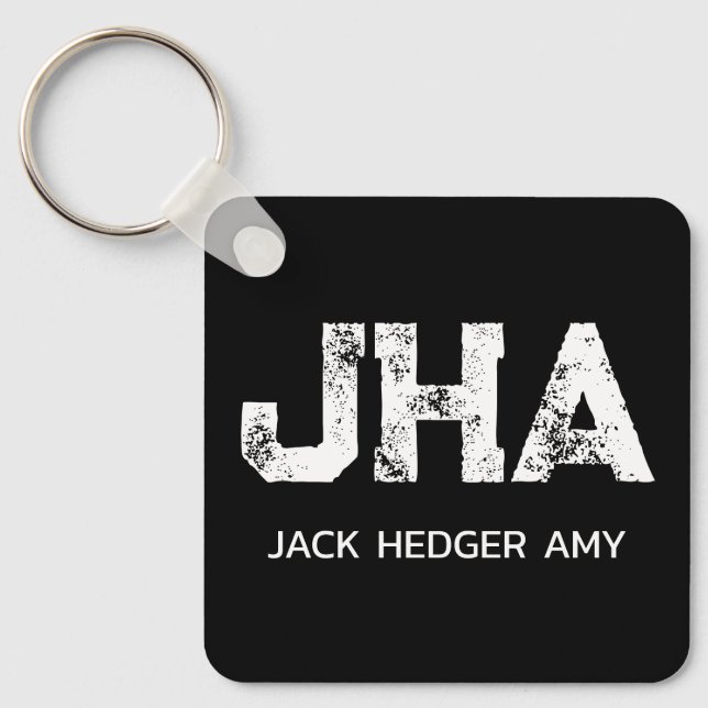 MINIMALIST WHITE THREE LETTER MONOGRAM NAME BLACK  KEY RING (Front)