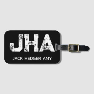 MINIMALIST WHITE THREE LETTER MONOGRAM NAME BLACK LUGGAGE TAG
