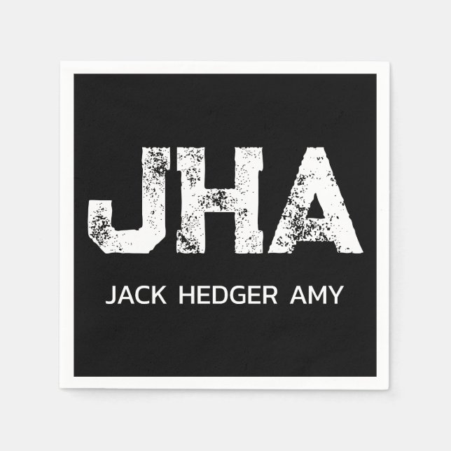 MINIMALIST WHITE THREE LETTER MONOGRAM NAME BLACK NAPKIN (Front)