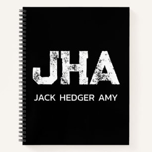 MINIMALIST WHITE THREE LETTER MONOGRAM NAME BLACK NOTEBOOK