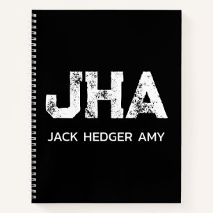 MINIMALIST WHITE THREE LETTER MONOGRAM NAME BLACK  NOTEBOOK