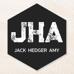 MINIMALIST WHITE THREE LETTER MONOGRAM NAME BLACK PAPER COASTER