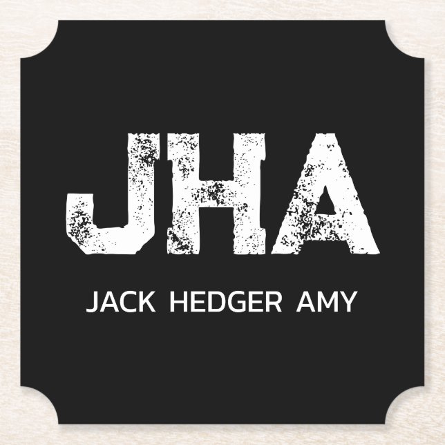 MINIMALIST WHITE THREE LETTER MONOGRAM NAME BLACK PAPER COASTER (Front)