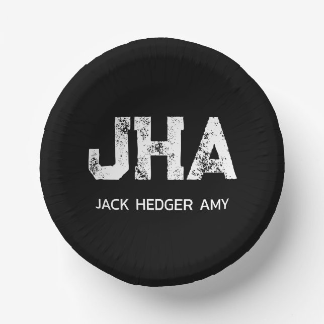 MINIMALIST WHITE THREE LETTER MONOGRAM NAME BLACK PAPER PLATE (Front)