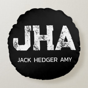 MINIMALIST WHITE THREE LETTER MONOGRAM NAME BLACK  ROUND CUSHION