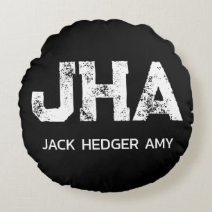 MINIMALIST WHITE THREE LETTER MONOGRAM NAME BLACK ROUND CUSHION