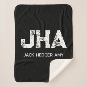 MINIMALIST WHITE THREE LETTER MONOGRAM NAME BLACK SHERPA BLANKET