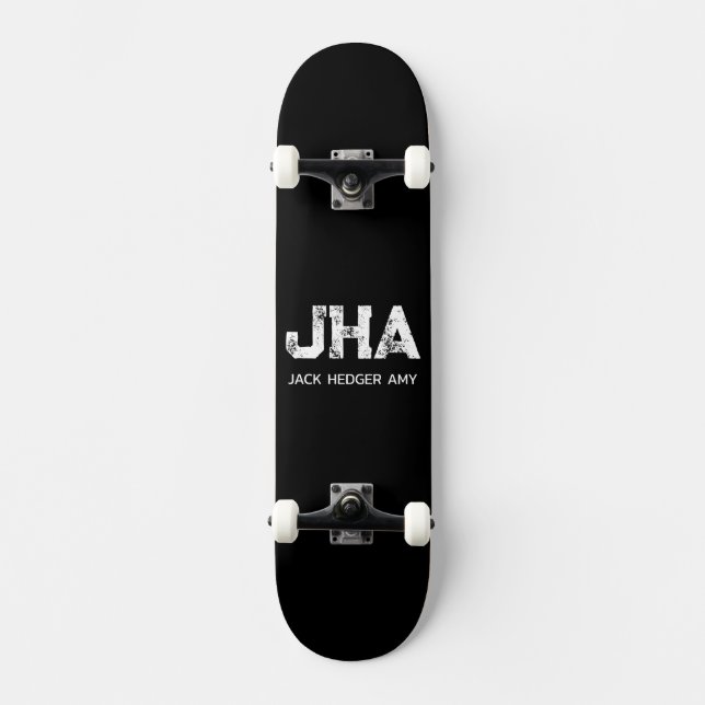 MINIMALIST WHITE THREE LETTER MONOGRAM NAME BLACK  SKATEBOARD (Front)