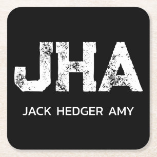MINIMALIST WHITE THREE LETTER MONOGRAM NAME BLACK SQUARE PAPER COASTER