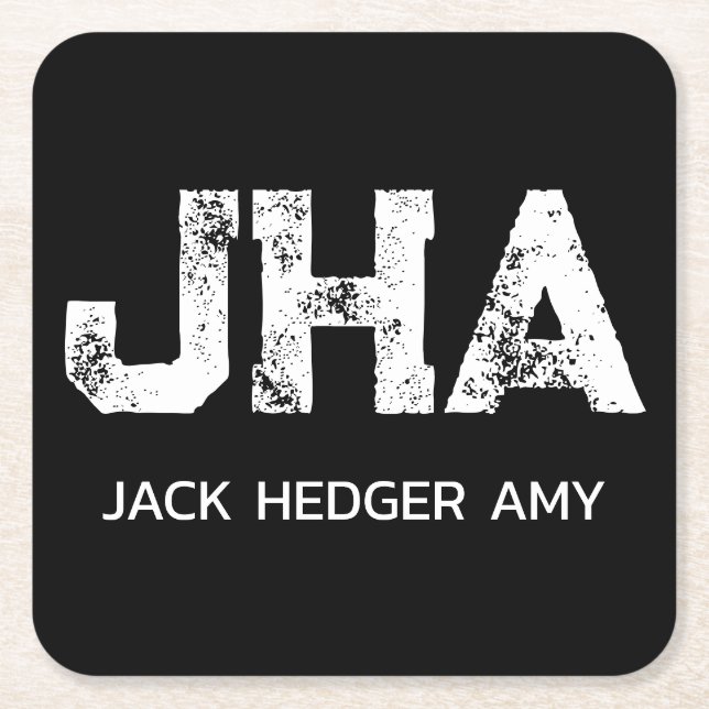 MINIMALIST WHITE THREE LETTER MONOGRAM NAME BLACK SQUARE PAPER COASTER (Front)