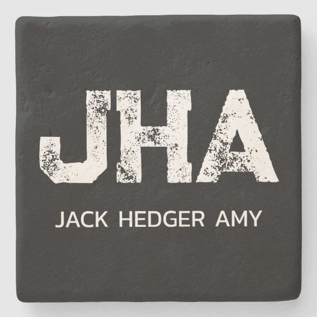 MINIMALIST WHITE THREE LETTER MONOGRAM NAME BLACK STONE COASTER (Front)