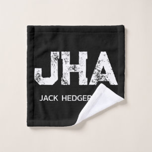 MINIMALIST WHITE THREE LETTER MONOGRAM NAME BLACK  WASH CLOTH